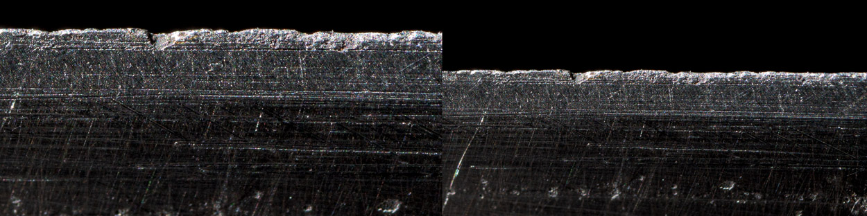 damaged knife edge before sharpening - microscope view