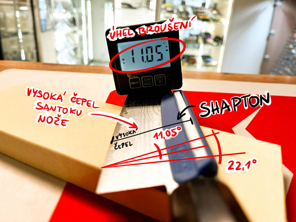 shapton angle guide on santoku knife - 22 degree sharpening angle