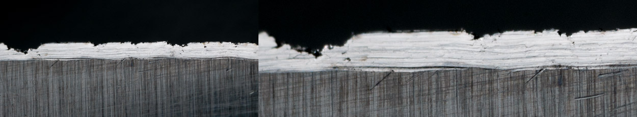 chipped damaged knife edge under microscope - pull-through sharpener damage